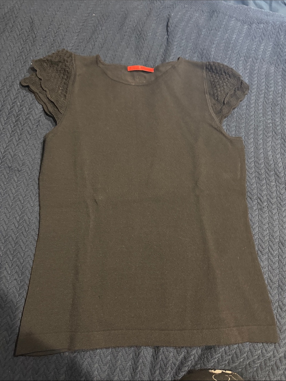 Classic Black Knit Tee with Lace Cap Sleeves